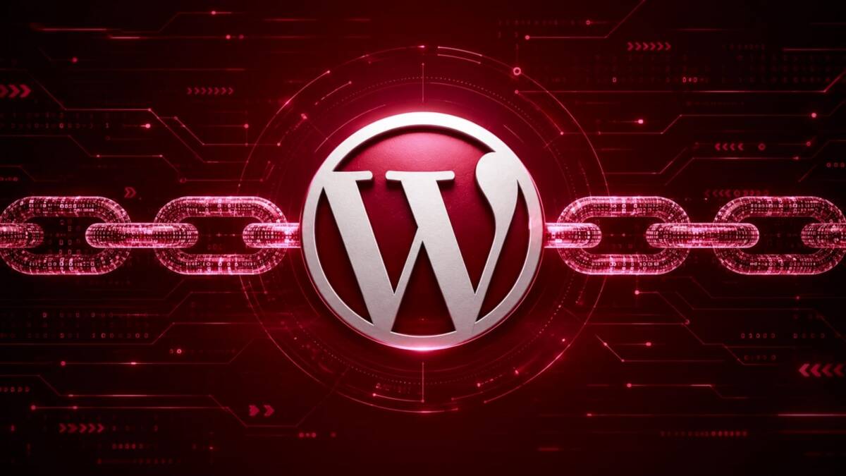 Логотип WordPress в центре красного цифрового фона с цепями и технологиями
