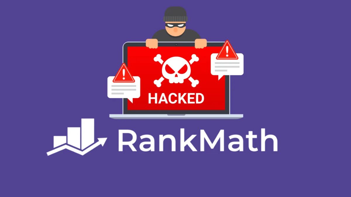 Плакат с изображением взломанного компьютера и логотипом Rank Math PRO