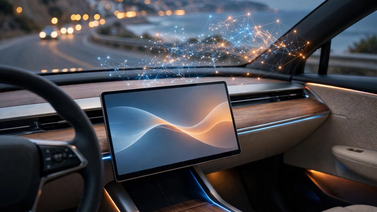 интерьер автомобиля Rivian с сенсорным экраном и светодиодной подсветкой