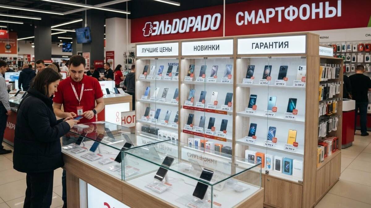 Разнообразие смартфонов на витрине магазина Российской смартфон Сбер