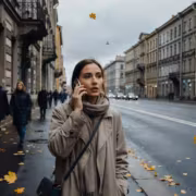 Женщина на улице с телефоном и «Ростелеком» 5G