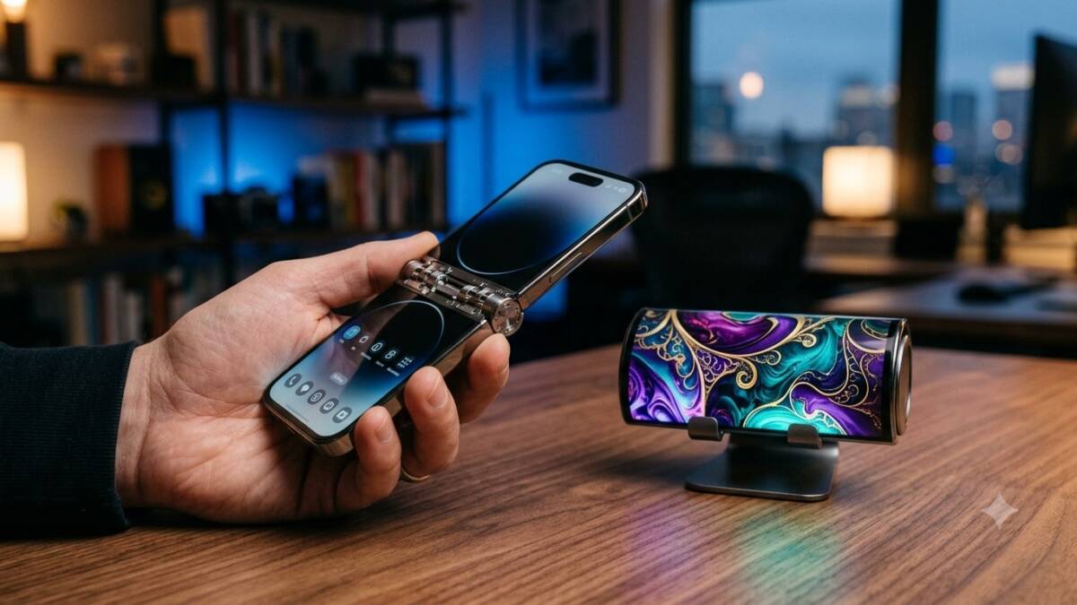 Гибкий смартфон Samsung Galaxy Z свернутый на столе