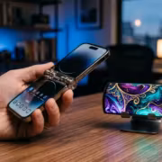 Гибкий смартфон Samsung Galaxy Z свернутый на столе