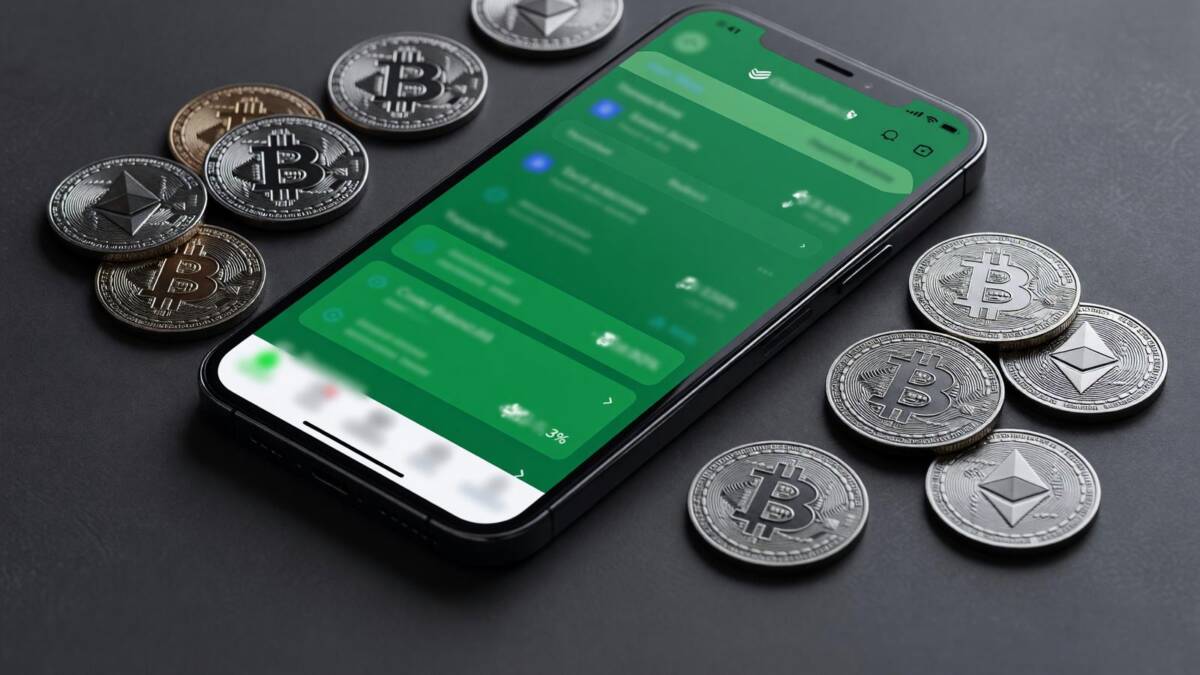 Мобильный телефон с приложением для торговли криптовалютой Сбер и монеты биткойн и эфир