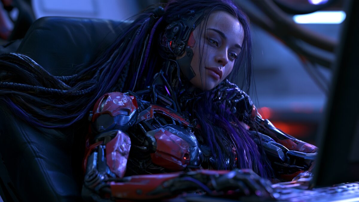Киборг женщина с длинными волосами и красным бодиком для Cyberpunk 2077