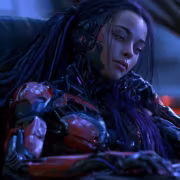 Киборг женщина с длинными волосами и красным бодиком для Cyberpunk 2077