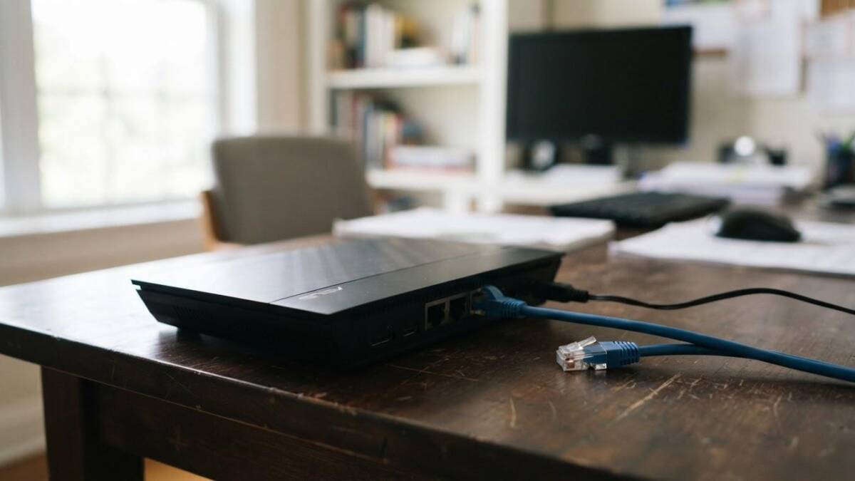 ноутбук с подключенными Ethernet кабелями на столе в офисе