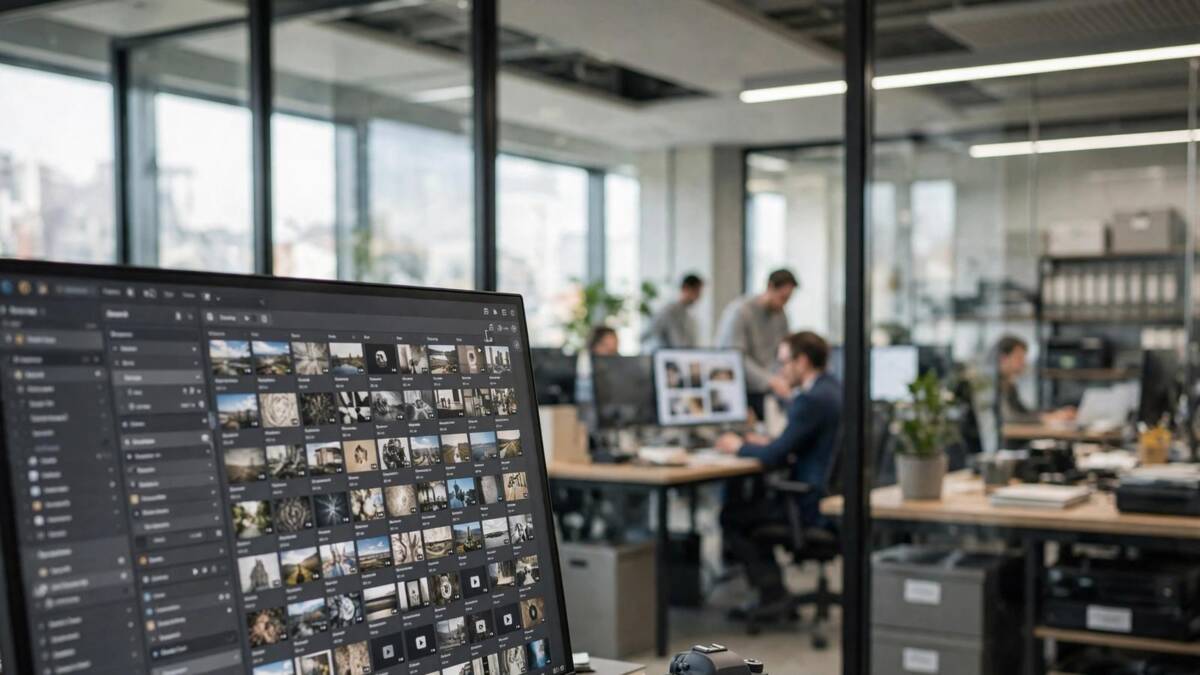 Компьютерный монитор с фотоархивом в офисе Getty Images
