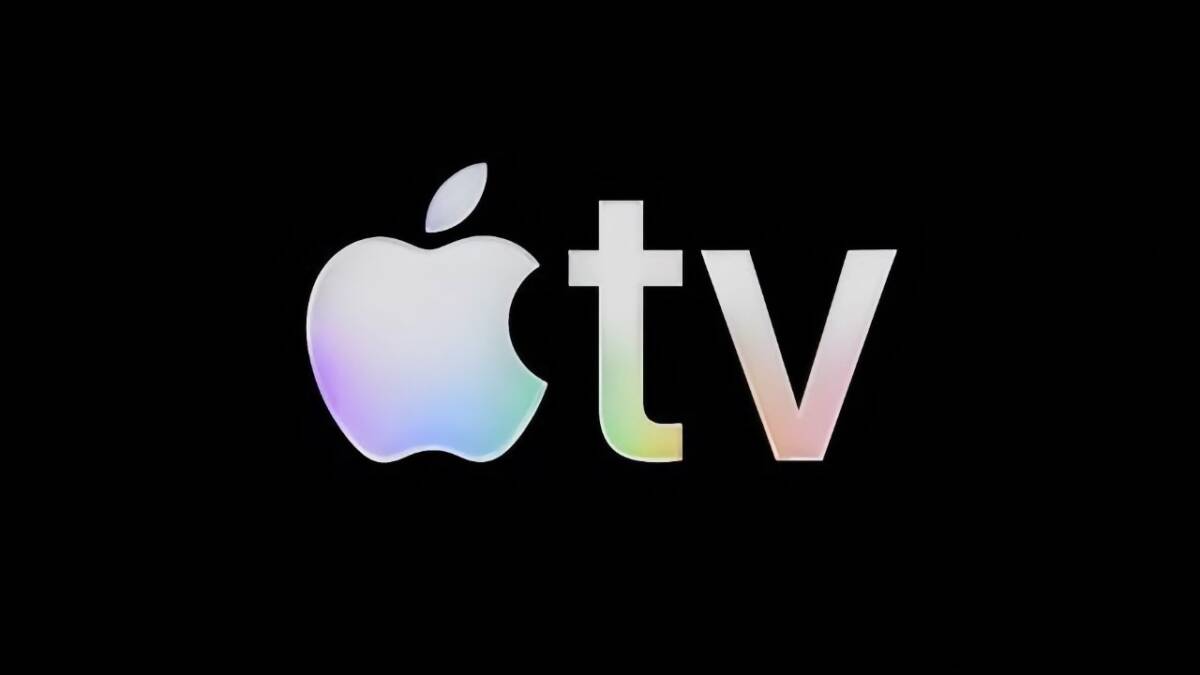 Логотип Apple TV с белым и радужным эффектом на черном фоне