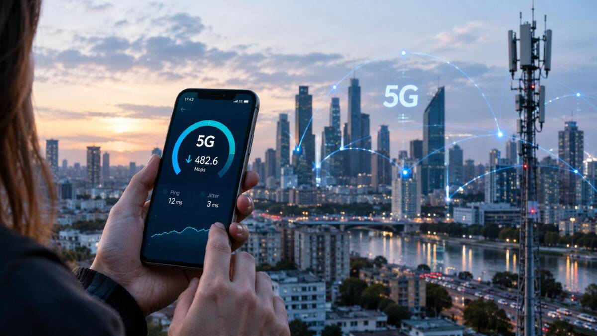 Смартфон с приложением 5G и городской пейзаж в закате