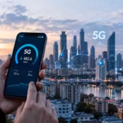Смартфон с приложением 5G и городской пейзаж в закате