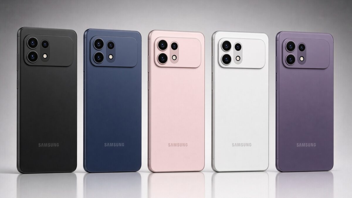 Пять цветных смартфонов Samsung Galaxy S27 Ultra на столе