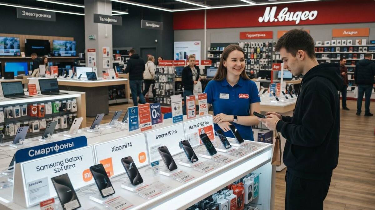 Продавец консультант показывает смартфон Samsung Galaxy S24 Ultra клиенту в магазине