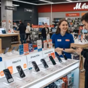 Продавец консультант показывает смартфон Samsung Galaxy S24 Ultra клиенту в магазине