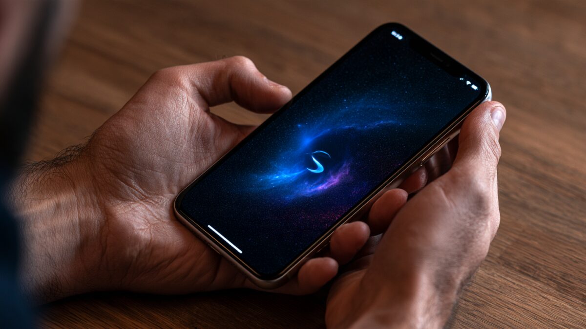 Мужчина держит смартфон Apple iPhone с экраном в космическом стиле