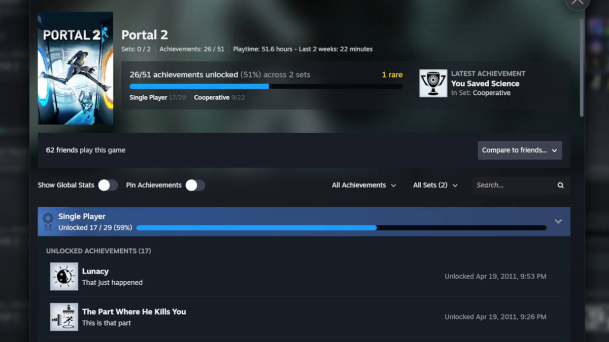 Страница профиля Steam для Portal 2 с достижениями