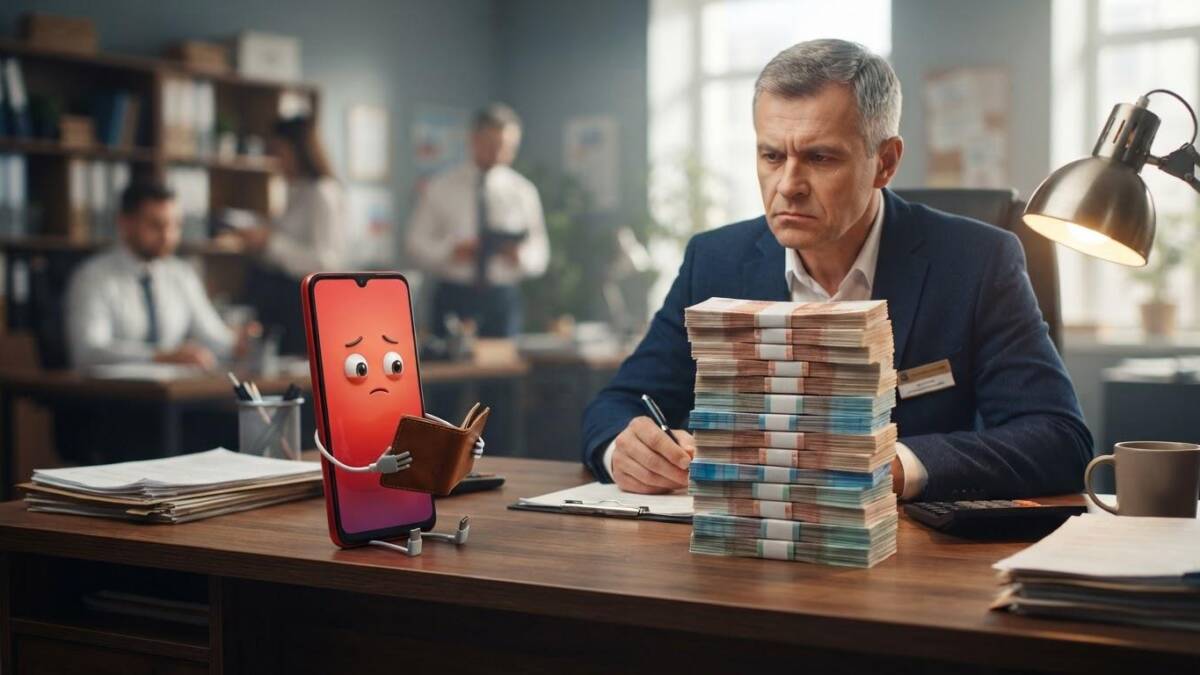 Мужчина и анимационный телефон Xiaomi с деньгами в офисе