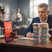 Мужчина и анимационный телефон Xiaomi с деньгами в офисе
