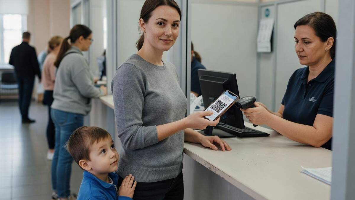 Женщина показывает QR-код на телефоне на стойке регистрации Max