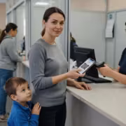 Женщина показывает QR-код на телефоне на стойке регистрации Max