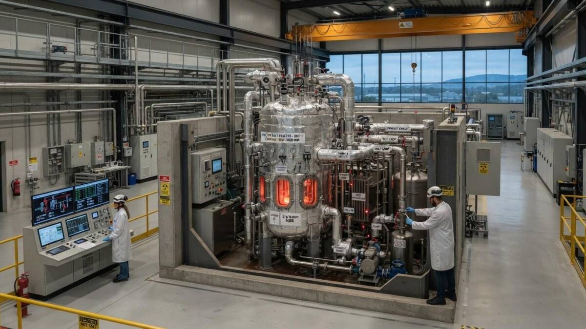 Люди в лабораторных халатах и касках возле реактора TNO