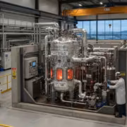 Люди в лабораторных халатах и касках возле реактора TNO