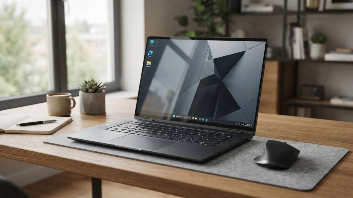 Ноутбук Dell Inspiron с открытым экраном и мышью