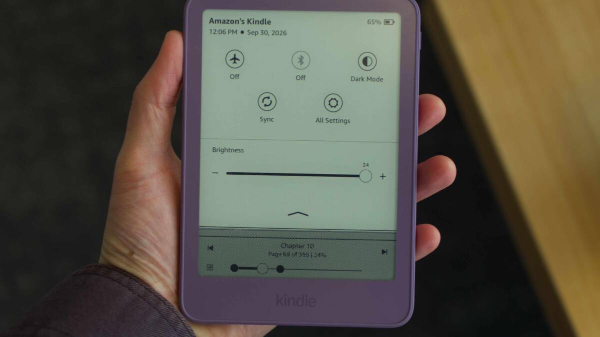 Планшет Kindle с настройками яркости и режимами