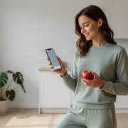 Женщина держит смартфон и яблоко домашняя кухня