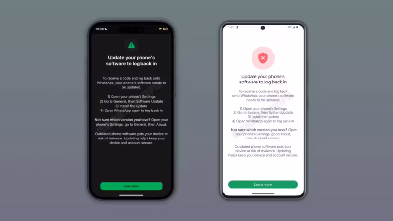 Смартфоны iPhone и Samsung с сообщениями о необходимости обновления WhatsApp