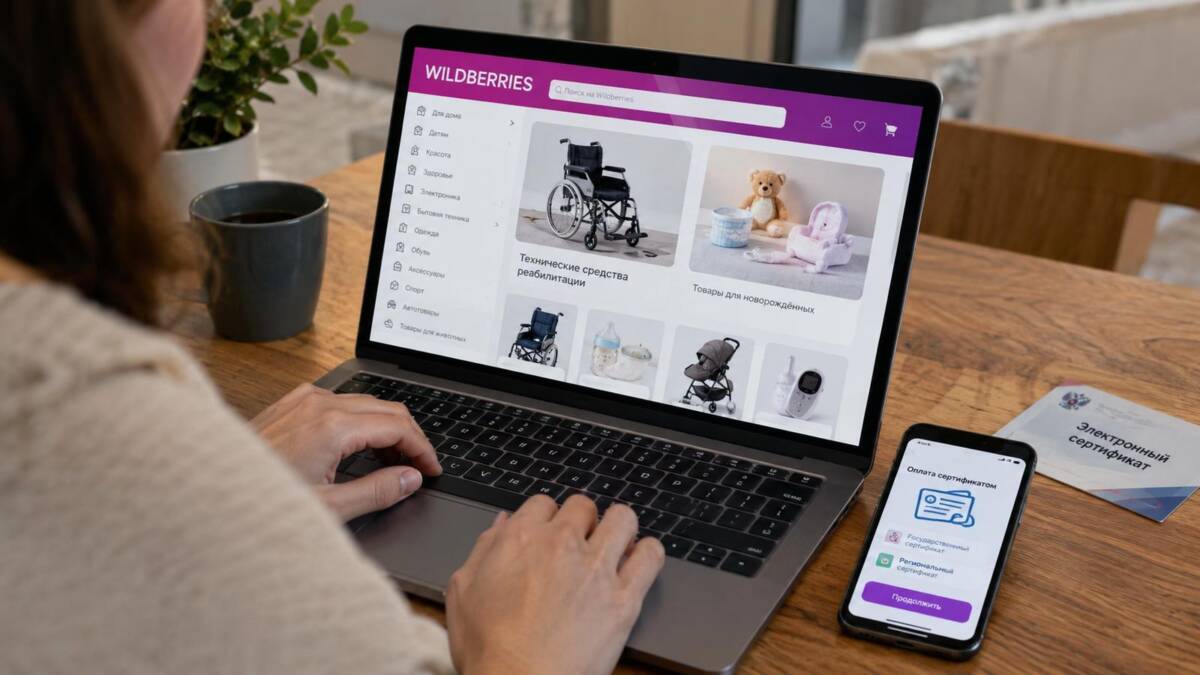 Человек использует ноутбук для покупок на Wildberries с госсертификатом
