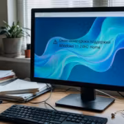 Компьютерный монитор с сообщением о Windows 11 24H2 Home