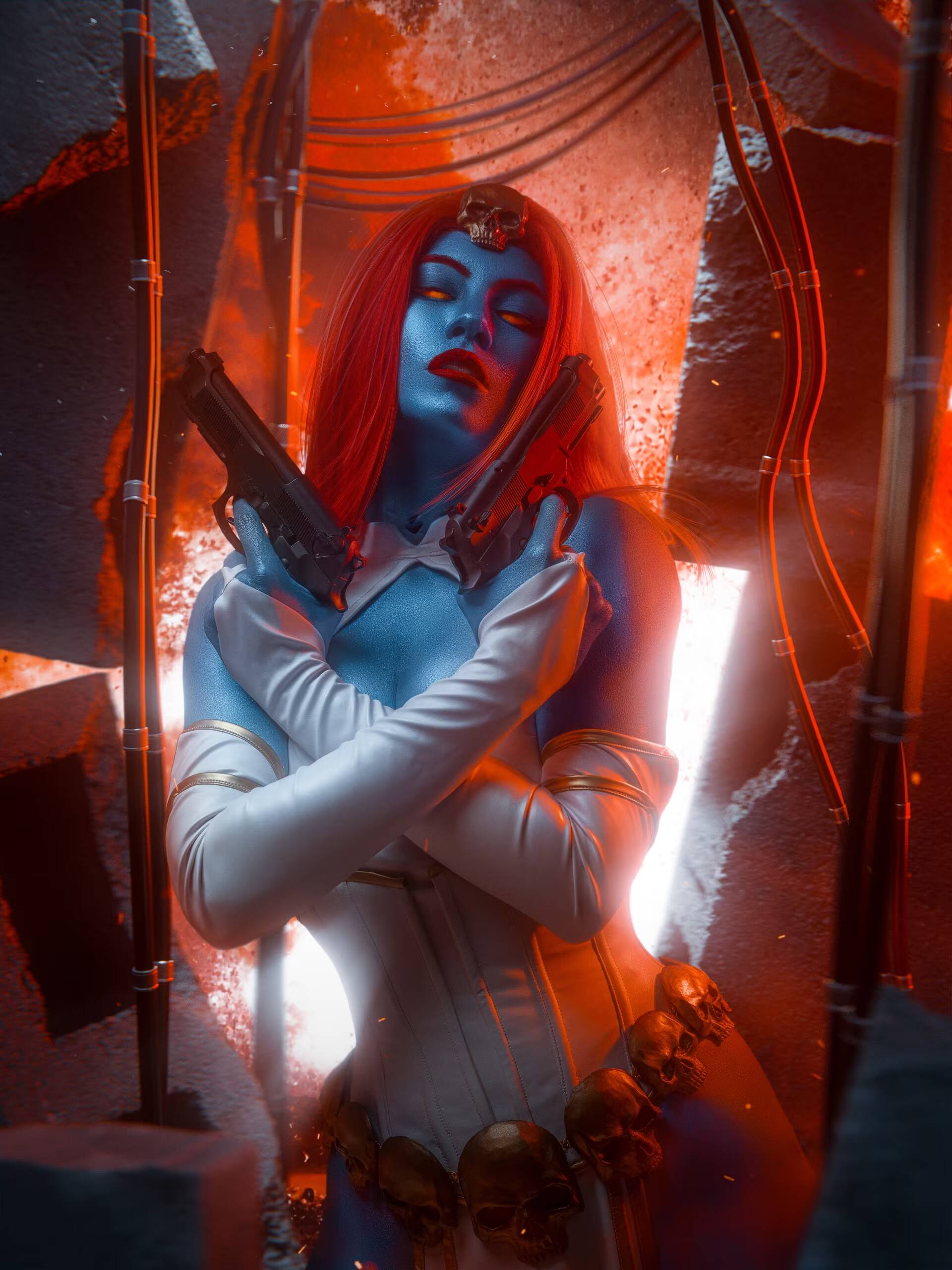Россиянка показала откровенный косплей Мистик из Marvel 7 Россиянка в косплей Мистик Marvel с голубым цветом кожи красными волосами и черепом на лбу