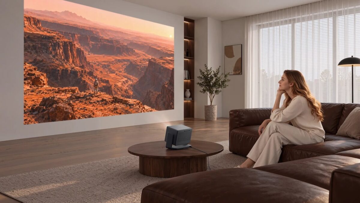 Женщина смотрит фильм на проекторе XGIMI Horizon 30 в гостиной