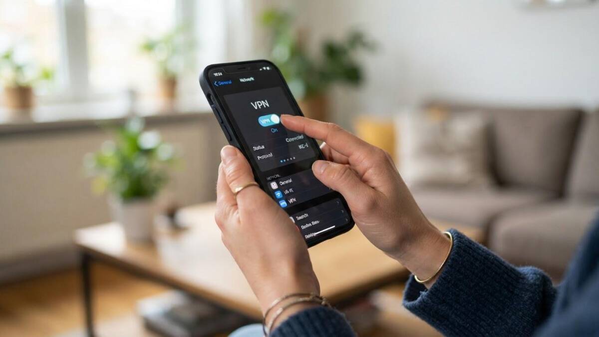 Человек на смартфоне включает VPN на iPhone в помещении