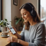 женщина с наушниками и смартфоном в кафе